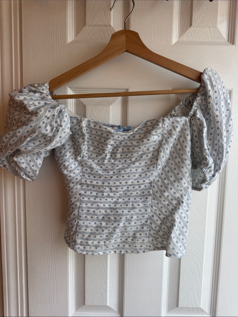 Reformation Blue and White Puff-Sleeve Off-Shoulder Top